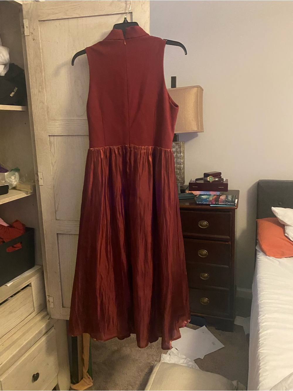 Sleeveless Burgundy Midi Dress with Satin Skirt